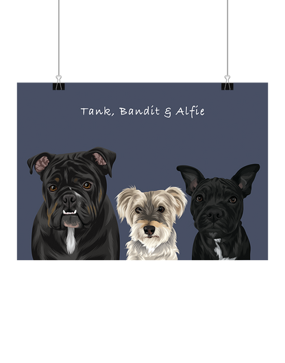 Hand-illustrated three-pet art featuring Tank, Bandit & Alfie on a navy background, unframed, digital – personalised pet portrait by Oh Barney Australia