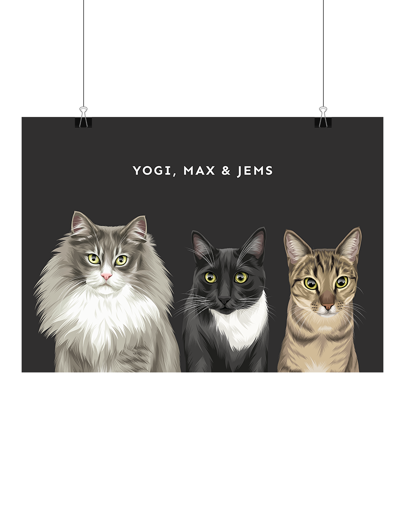 Custom three-pet illustration featuring Yogi, Max, and Jems on a dark grey background, digital, unframed – personalised art for pet lovers by Oh Barney Australia