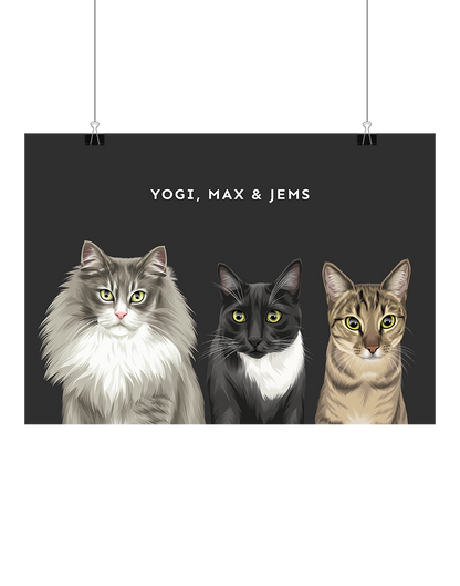Custom three-pet illustration featuring Yogi, Max, and Jems on a dark grey background, digital, unframed – personalised art for pet lovers by Oh Barney Australia