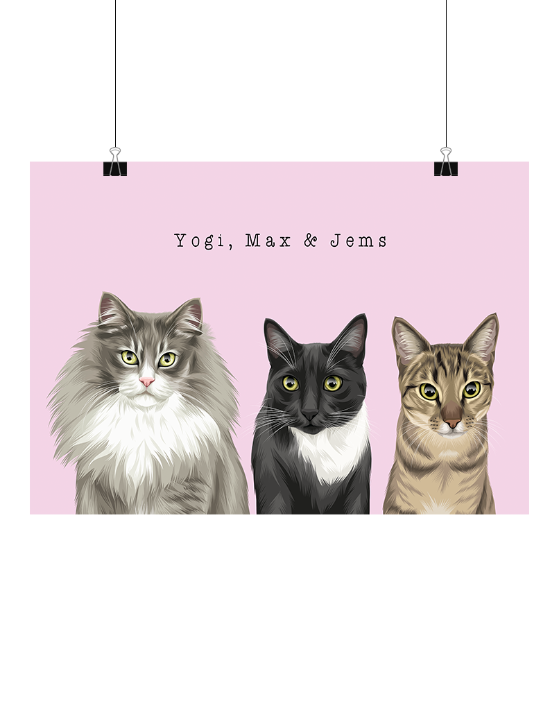 Custom three-pet illustration featuring Yogi, Max, and Jems on a pink background, minimal typewriter text style, digital, unframed – personalised art for pet lovers by Oh Barney Australia