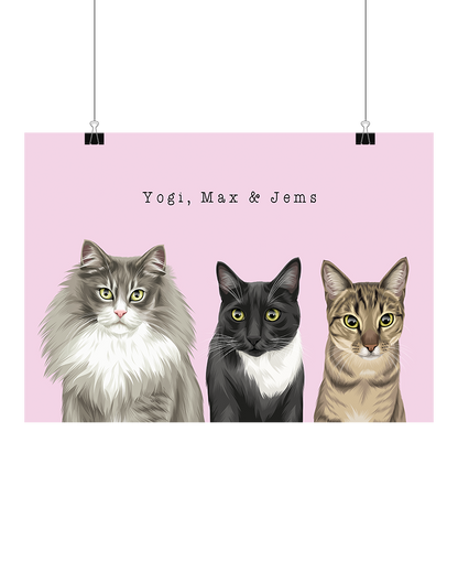 Custom three-pet illustration featuring Yogi, Max, and Jems on a pink background, minimal typewriter text style, digital, unframed – personalised art for pet lovers by Oh Barney Australia