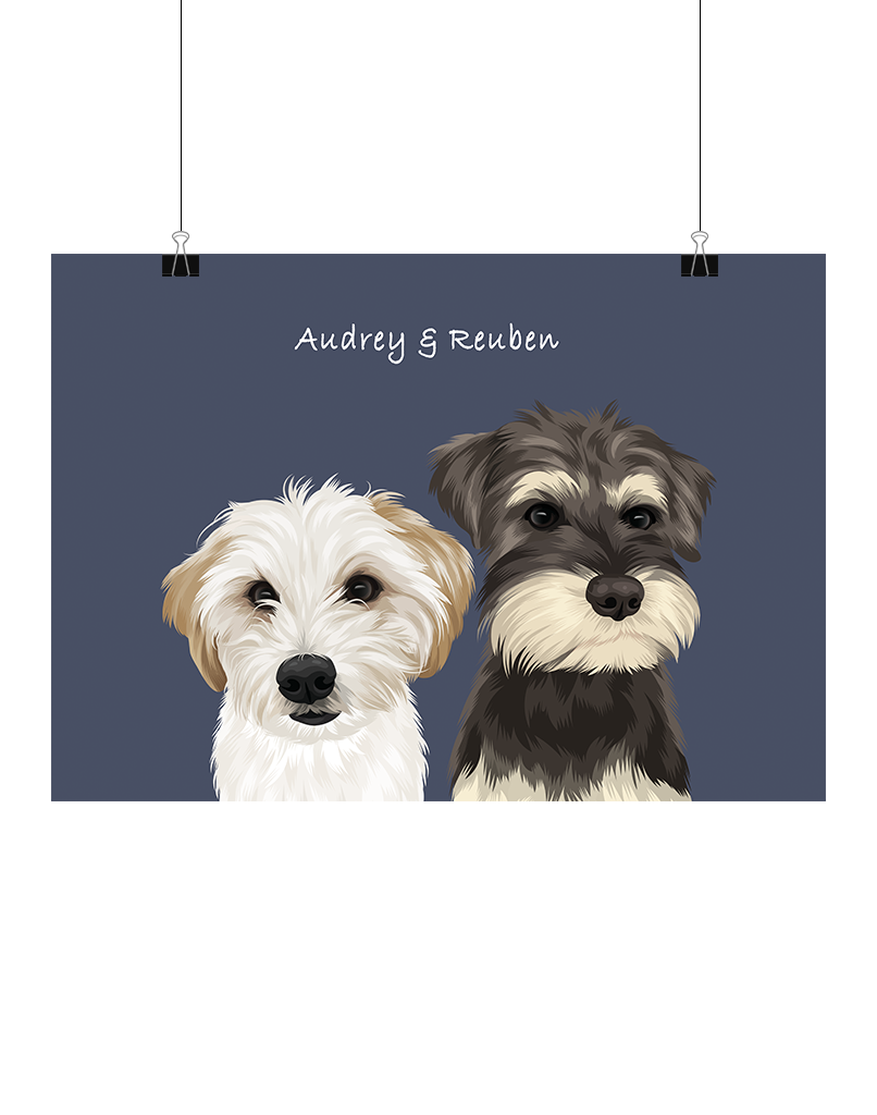 Hand-illustrated digital two-pet artwork featuring Audrey and Reuben on a navy background, unframed and instantly downloadable – custom pet décor for Australian pet owners