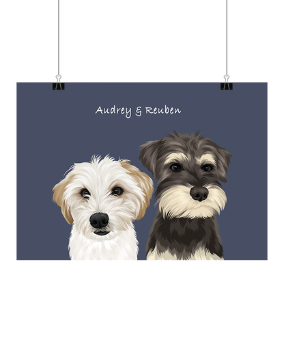 Hand-illustrated digital two-pet artwork featuring Audrey and Reuben on a navy background, unframed and instantly downloadable – custom pet décor for Australian pet owners