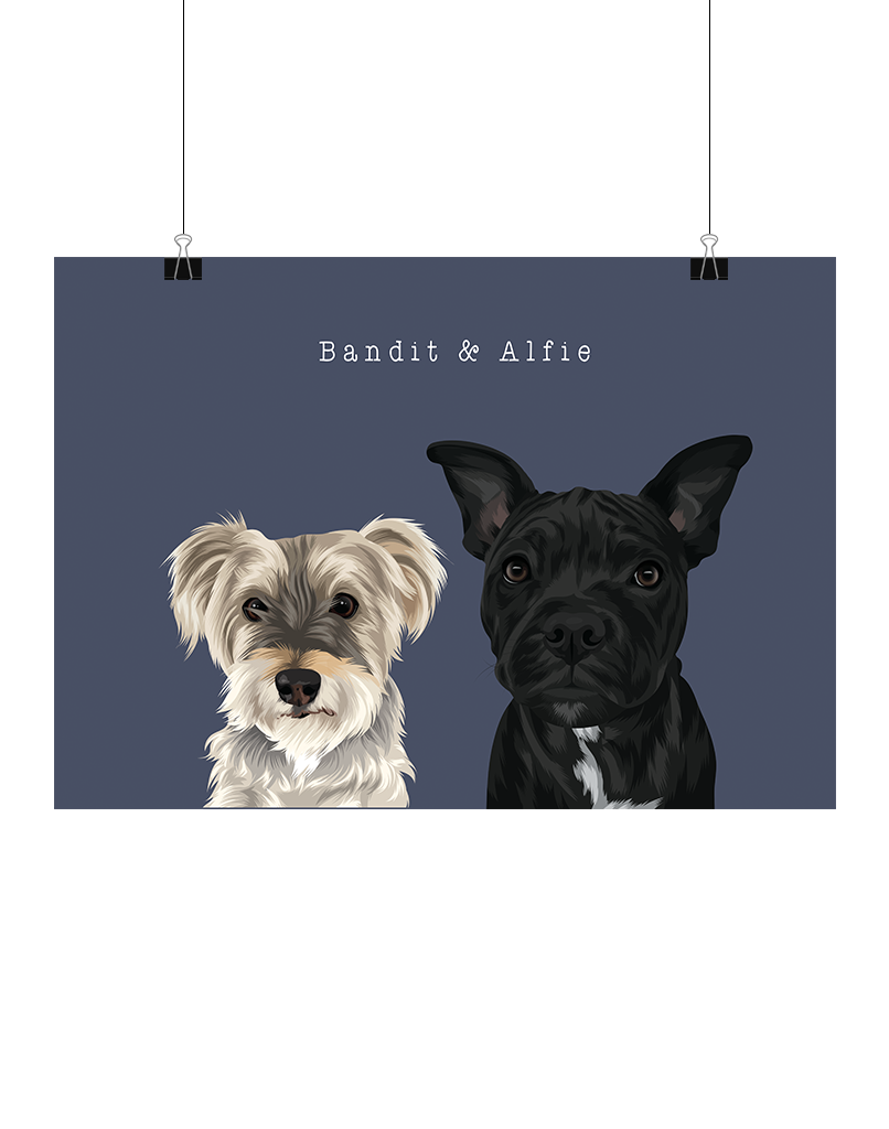 Hand-illustrated digital two-pet artwork featuring Bandit and Alfie on a navy background, unframed and instantly downloadable – custom pet décor for Australian pet owners