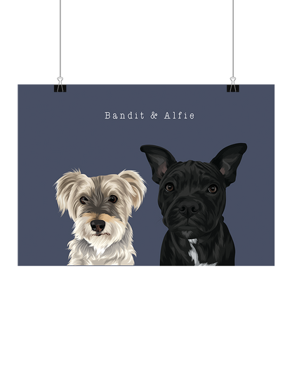 Hand-illustrated digital two-pet artwork featuring Bandit and Alfie on a navy background, unframed and instantly downloadable – custom pet décor for Australian pet owners