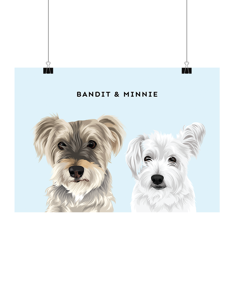 Hand-illustrated digital two-pet artwork featuring Bandit and Minnie on a light blue background, unframed and instantly downloadable – custom pet décor for Australian pet owners