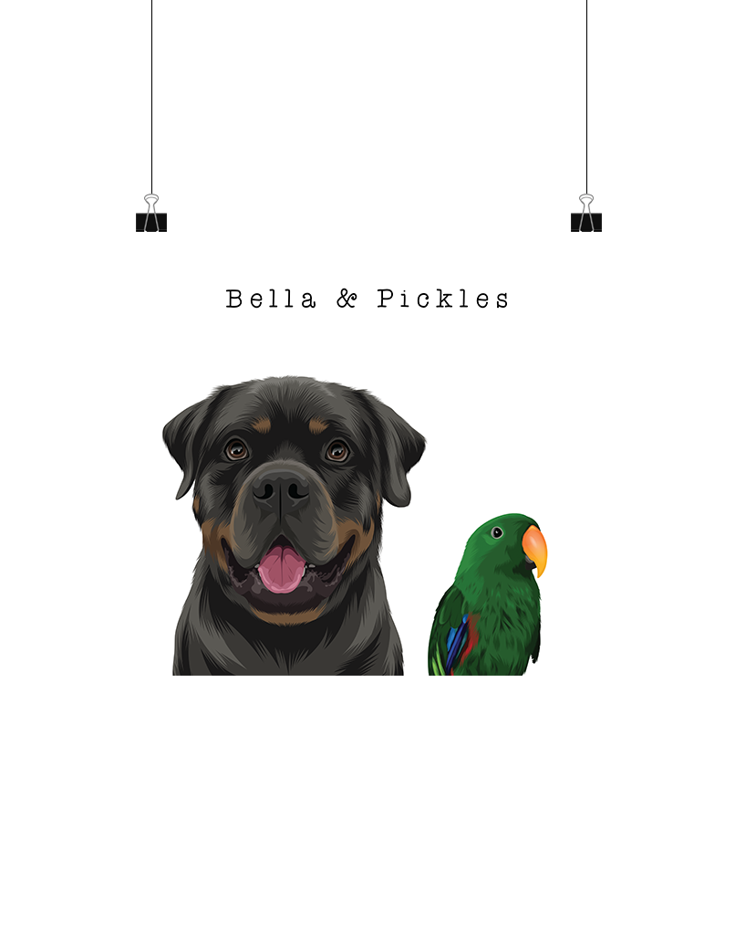Custom pet portrait featuring a Rottweiler and a green parrot, personalised pet artwork print by Oh Barney Australia.