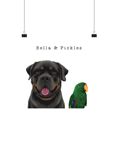 Custom pet portrait featuring a Rottweiler and a green parrot, personalised pet artwork print by Oh Barney Australia.