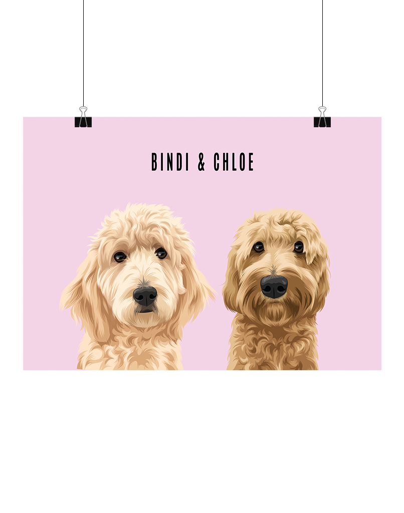 Hand-illustrated digital two-pet artwork featuring Bindi and Chloe on a pink background, unframed and instantly downloadable – custom pet décor for Australian pet owners