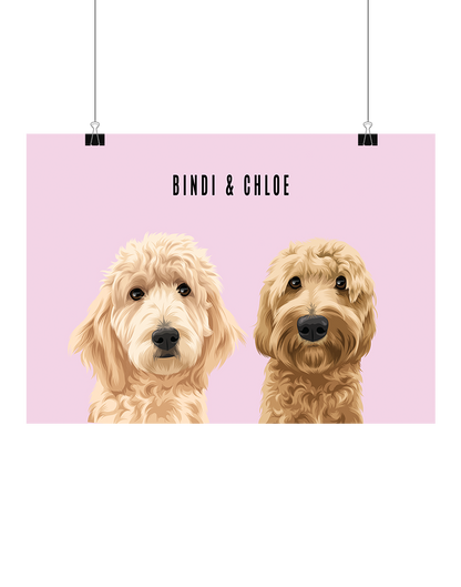 Hand-illustrated digital two-pet artwork featuring Bindi and Chloe on a pink background, unframed and instantly downloadable – custom pet décor for Australian pet owners