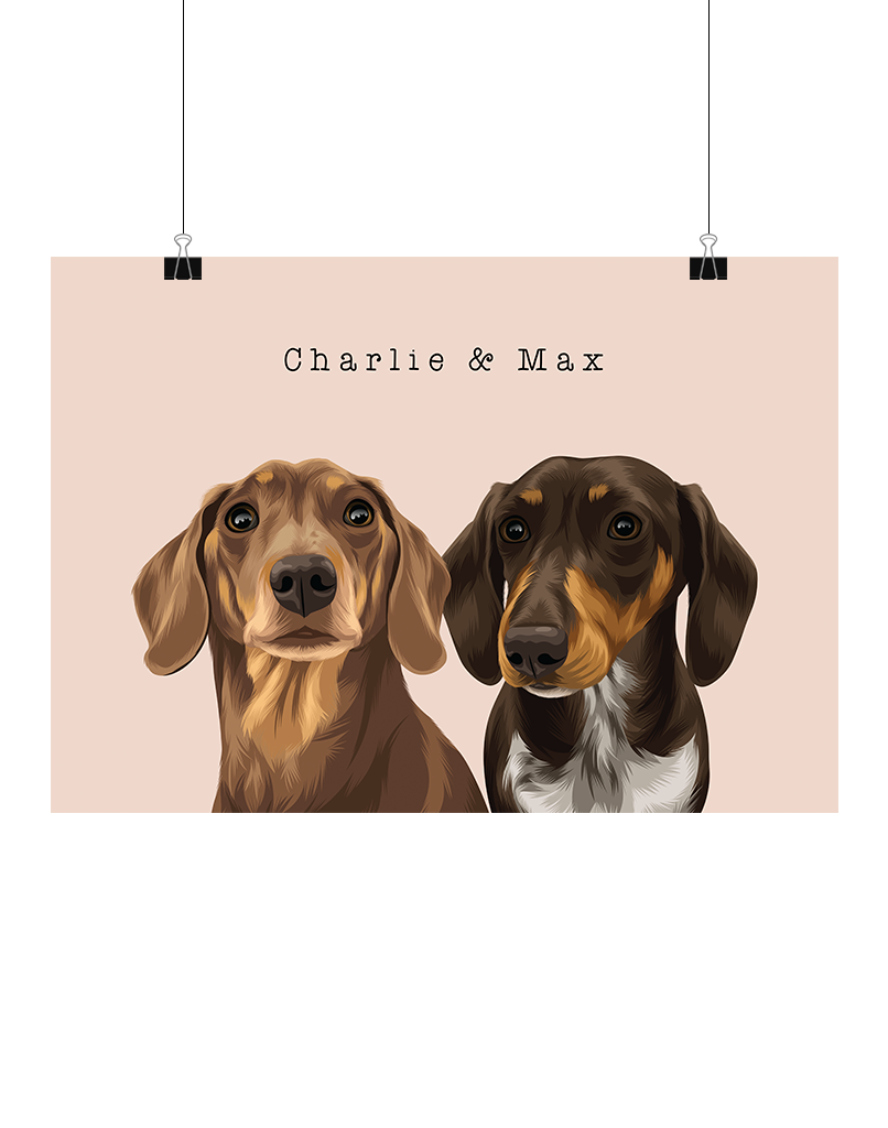 Hand-illustrated digital two-pet artwork featuring Charlie and Max on a peach background, unframed and instantly downloadable – custom pet décor for Australian pet owners