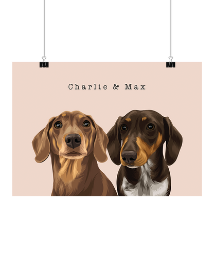 Hand-illustrated digital two-pet artwork featuring Charlie and Max on a peach background, unframed and instantly downloadable – custom pet décor for Australian pet owners