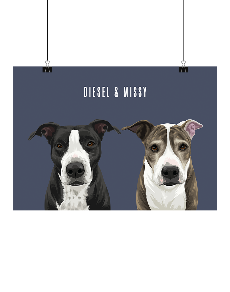 Hand-illustrated digital two-pet artwork featuring Diesel and Missy on a navy background, unframed and instantly downloadable – custom pet décor for Australian pet owners
