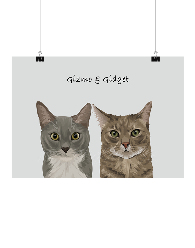 Custom illustrated portrait of two cats, one grey and one tabby, on a light grey background — personalised two-pet digital artwork, unframed