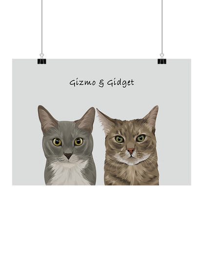 Custom illustrated portrait of two cats, one grey and one tabby, on a light grey background — personalised two-pet digital artwork, unframed