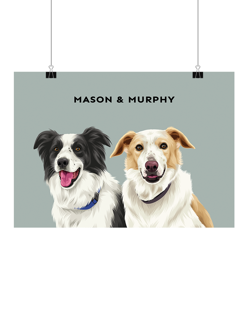 Hand-illustrated digital two-pet artwork featuring Mason and Murphy on a sage background, unframed and instantly downloadable – custom pet  by Oh Barney Australia