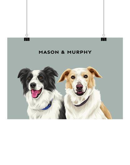 Hand-illustrated digital two-pet artwork featuring Mason and Murphy on a sage background, unframed and instantly downloadable – custom pet  by Oh Barney Australia