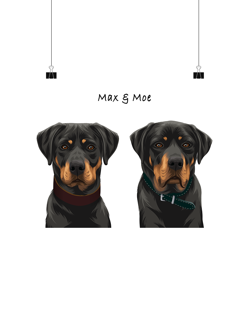 Hand-illustrated digital two-pet artwork featuring Max and Moe on a white background, unframed and instantly downloadable – custom pet décor for Australian pet owners