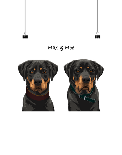 Hand-illustrated digital two-pet artwork featuring Max and Moe on a white background, unframed and instantly downloadable – custom pet décor for Australian pet owners