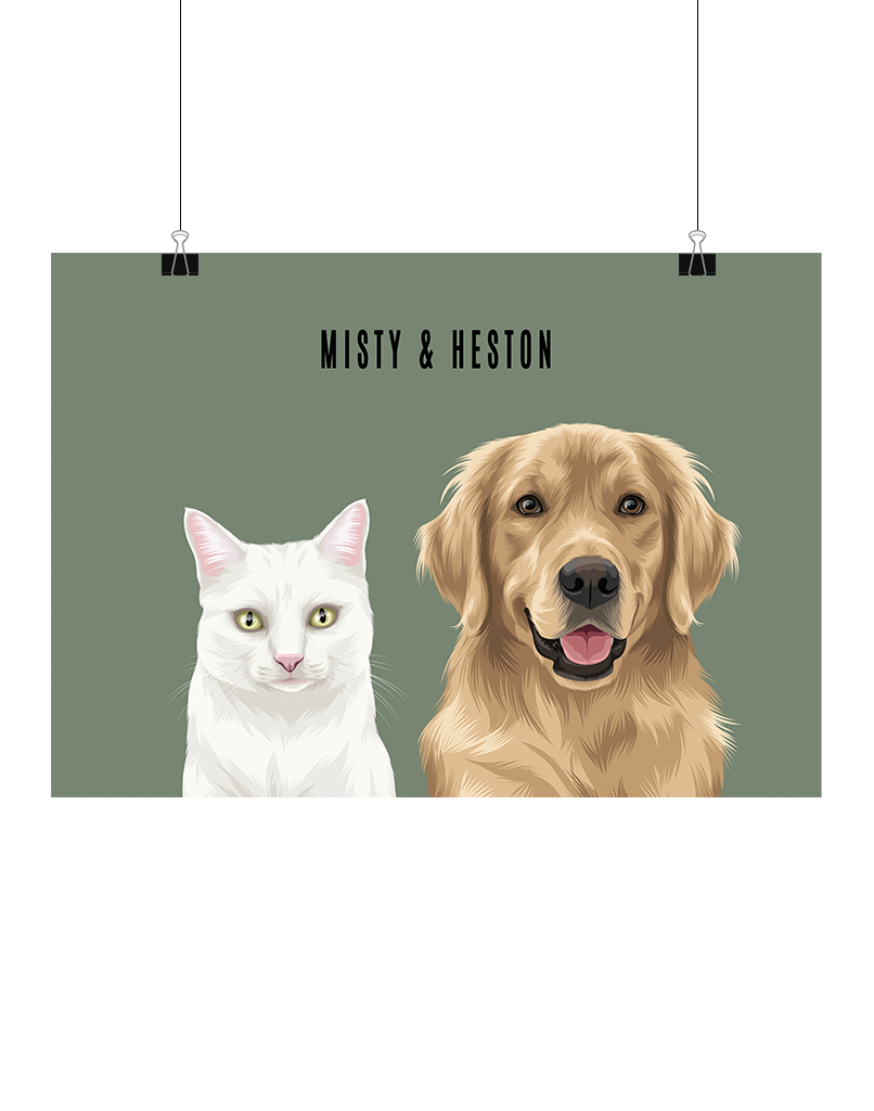 Hand-illustrated digital two-pet artwork featuring Misty and Heston on a green background, unframed and instantly downloadable – custom pet décor for Australian pet owners