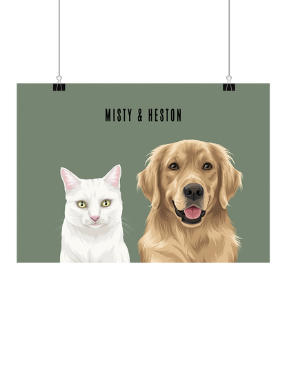 Hand-illustrated digital two-pet artwork featuring Misty and Heston on a green background, unframed and instantly downloadable – custom pet décor for Australian pet owners