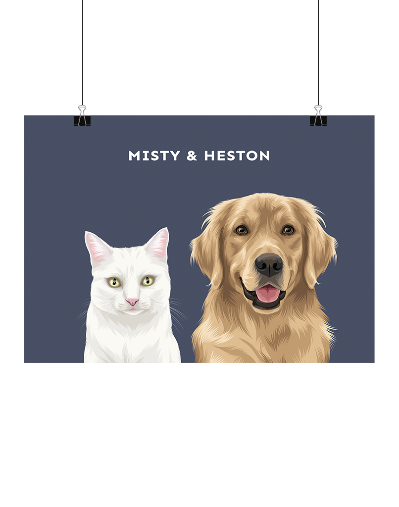Hand-illustrated digital two-pet artwork featuring Misty and Heston on a navy background, unframed and instantly downloadable – custom pet décor for Australian pet owners