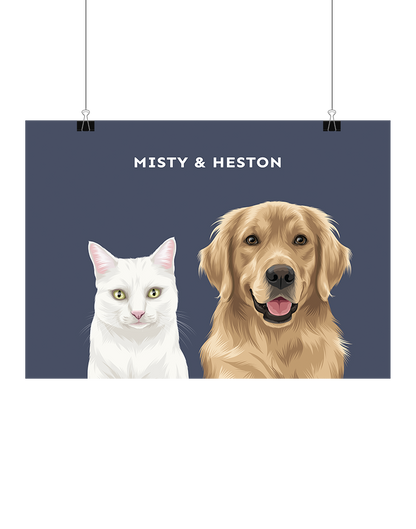 Hand-illustrated digital two-pet artwork featuring Misty and Heston on a navy background, unframed and instantly downloadable – custom pet décor for Australian pet owners