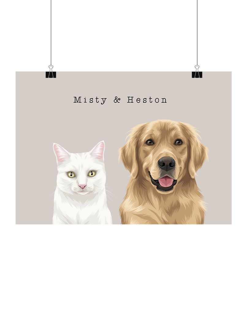 Custom illustrated portrait of a white cat and golden retriever on a oat background, personalised two-pet digital artwork, unframed