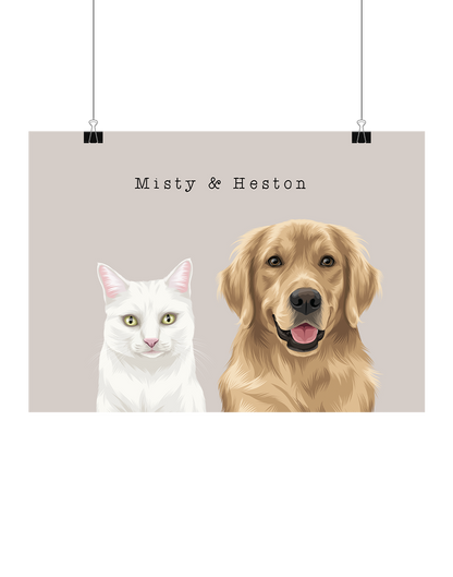 Custom illustrated portrait of a white cat and golden retriever on a oat background, personalised two-pet digital artwork, unframed