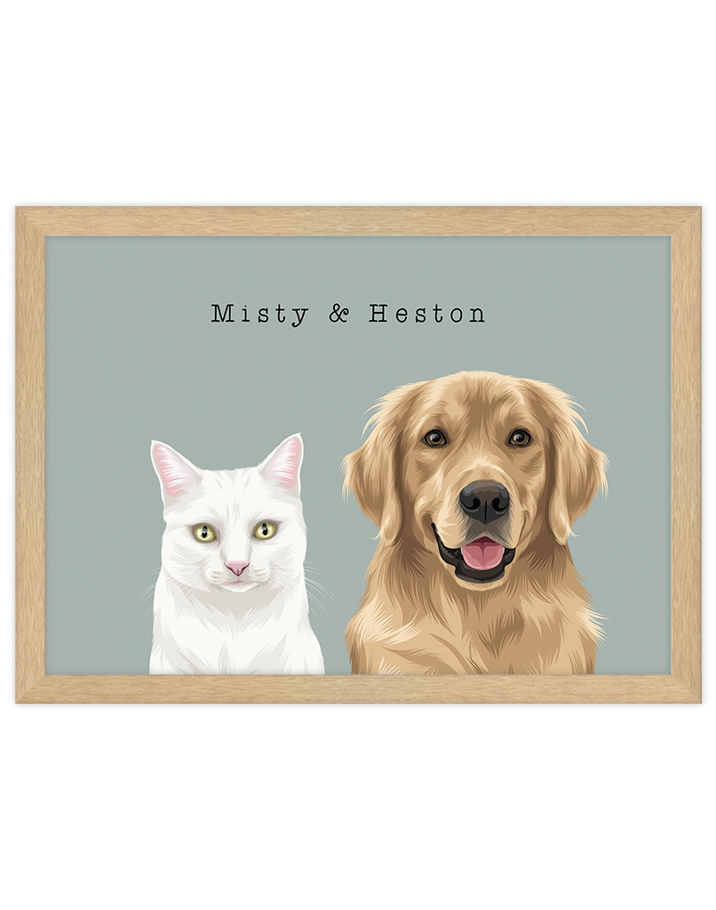 Framed artwork of a white cat and a golden retriever with 'Misty & Heston' text on a light blue background.