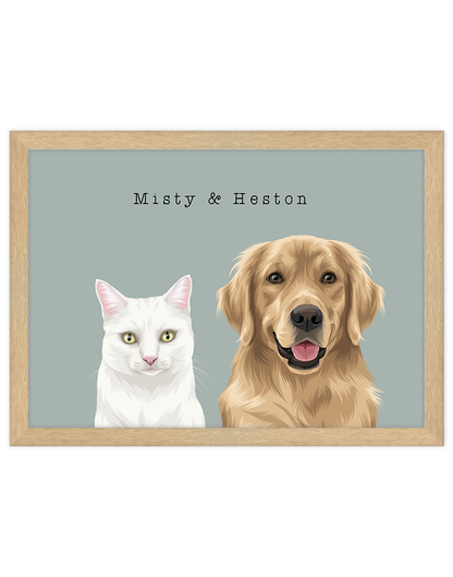 Framed artwork of a white cat and a golden retriever with 'Misty & Heston' text on a light blue background.