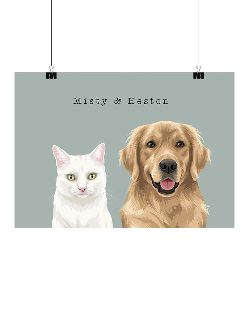 Hand-illustrated digital two-pet artwork featuring Misty and Heston on a sage background, unframed and instantly downloadable – custom pet décor for Australian pet owners
