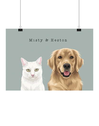 Hand-illustrated digital two-pet artwork featuring Misty and Heston on a sage background, unframed and instantly downloadable – custom pet décor for Australian pet owners