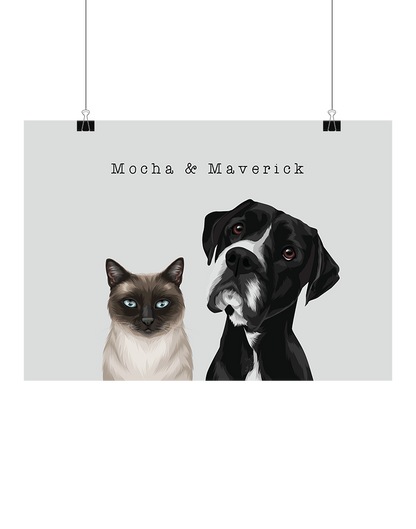 Custom pet portrait featuring a Siamese cat and a Great Dane, personalised pet artwork by Oh Barney Australia.