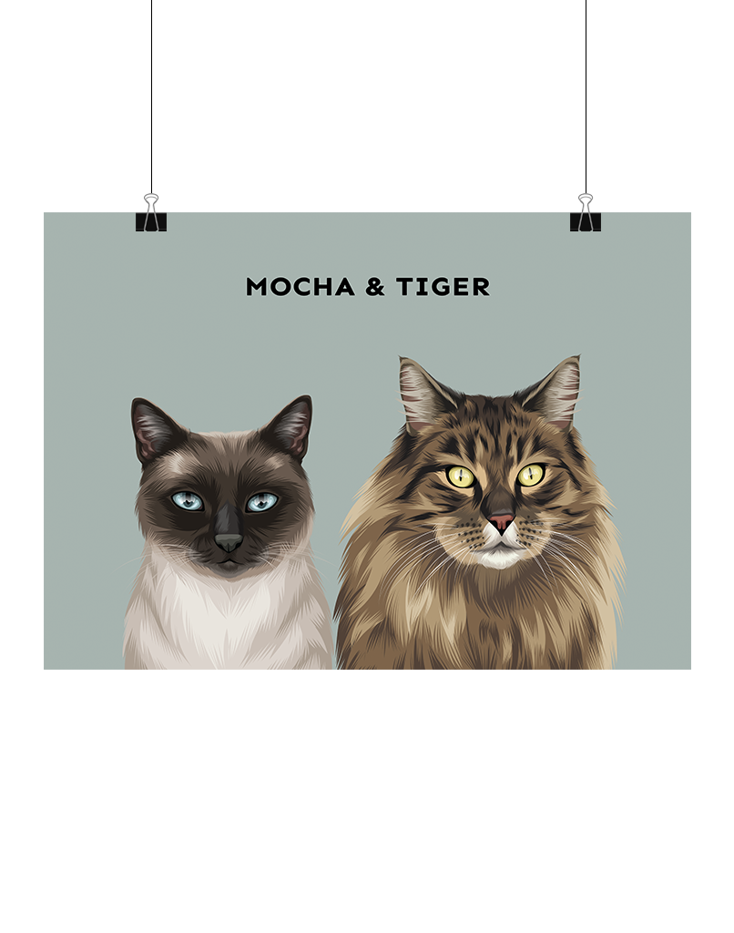 Hand-illustrated digital two-pet artwork featuring Mocha and Tiger on a sage background, unframed and instantly downloadable – custom pet décor  by Oh Barney Australia