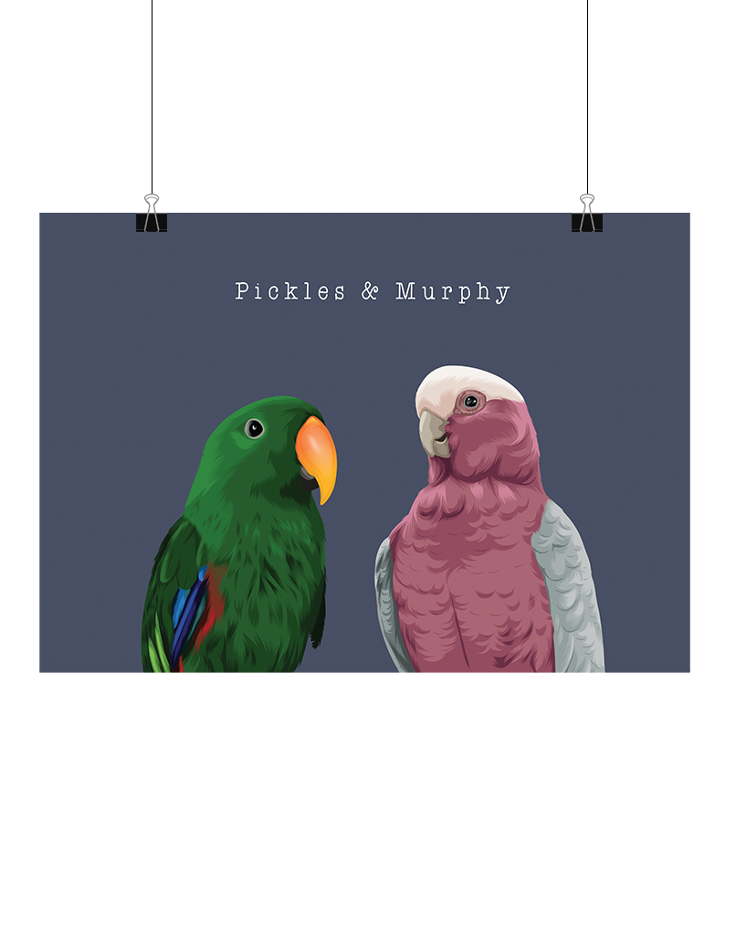 Hand-illustrated digital two-pet artwork featuring Pickles and Murphy on a navy background, unframed and instantly downloadable – custom pet décor for Australian pet owners