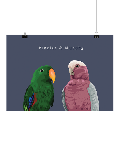 Hand-illustrated digital two-pet artwork featuring Pickles and Murphy on a navy background, unframed and instantly downloadable – custom pet décor for Australian pet owners