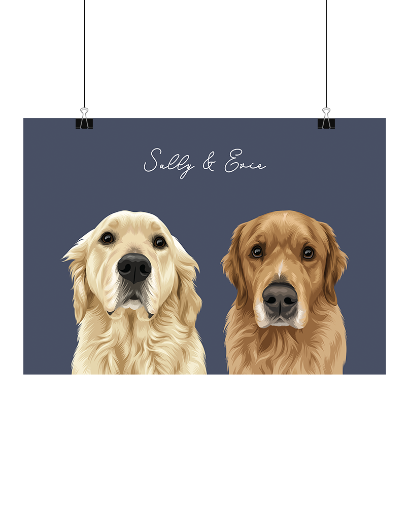 Hand-illustrated digital two-pet artwork featuring Sally and Evie on a navy background, unframed and instantly downloadable – custom pet décor for Australian pet owners