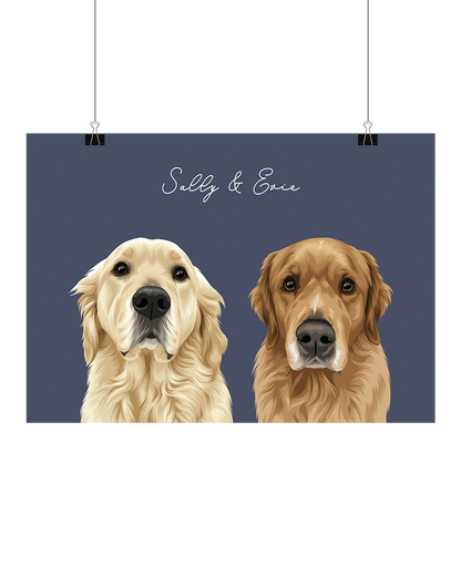 Hand-illustrated digital two-pet artwork featuring Sally and Evie on a navy background, unframed and instantly downloadable – custom pet décor for Australian pet owners