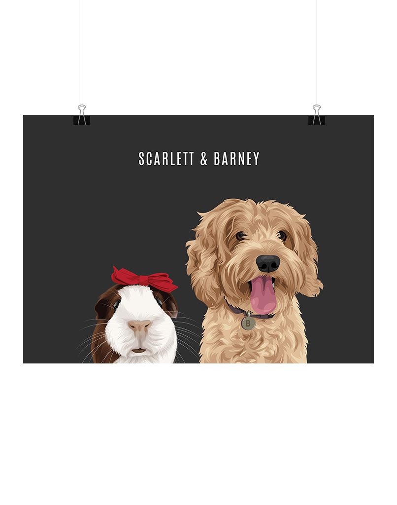 Custom illustrated portrait featuring a fluffy tan dog with an open mouth and a guinea pig wearing a red bow, set against a dark grey background with the text “Scarlett & Barney” above. Unframed digital artwork.