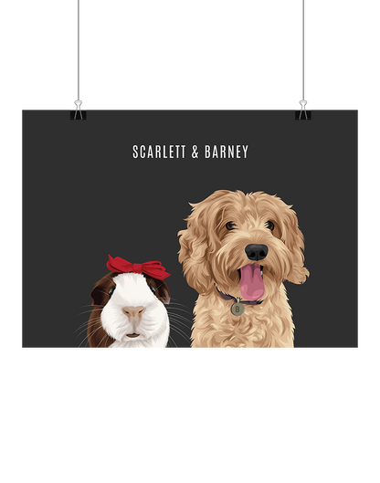 Custom illustrated portrait featuring a fluffy tan dog with an open mouth and a guinea pig wearing a red bow, set against a dark grey background with the text “Scarlett & Barney” above. Unframed digital artwork.