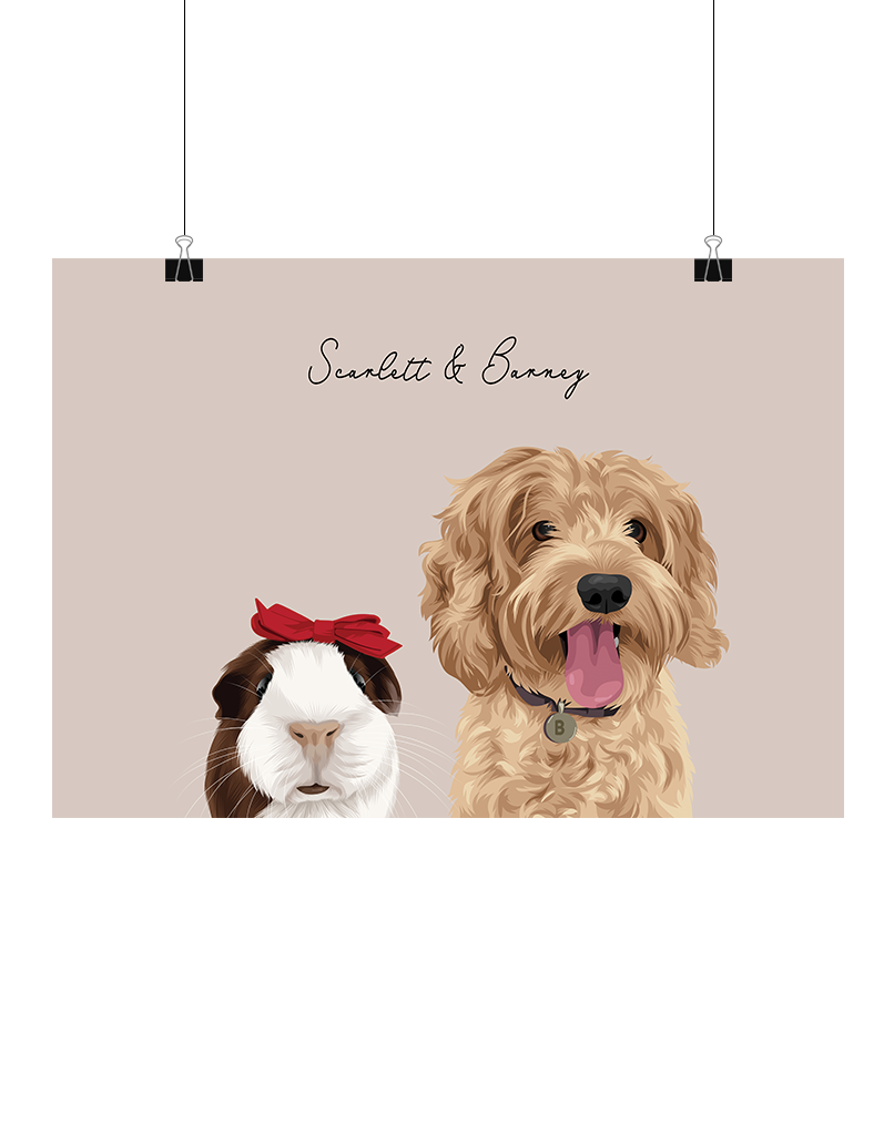 Hand-illustrated digital two-pet artwork featuring Scarlett and Barney on a oat background, unframed and instantly downloadable – custom pet décor for Australian pet owners