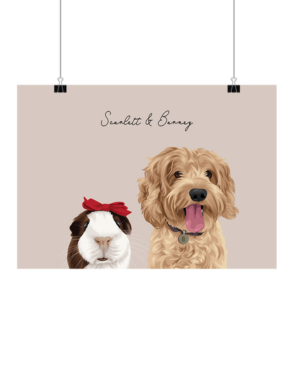 Hand-illustrated digital two-pet artwork featuring Scarlett and Barney on a oat background, unframed and instantly downloadable – custom pet décor for Australian pet owners