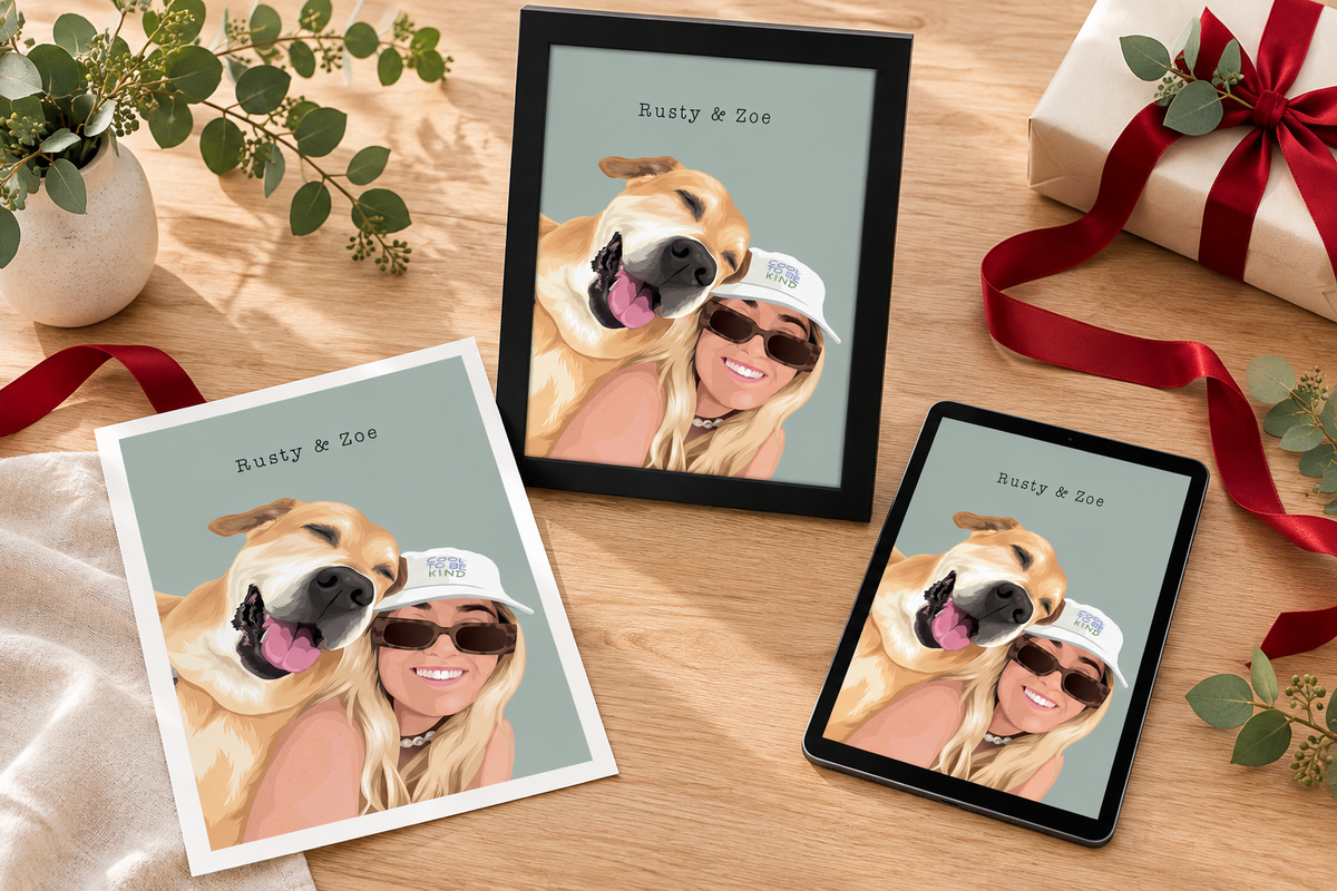 Personalised portrait displayed as framed, unframed and digital Christmas gift options