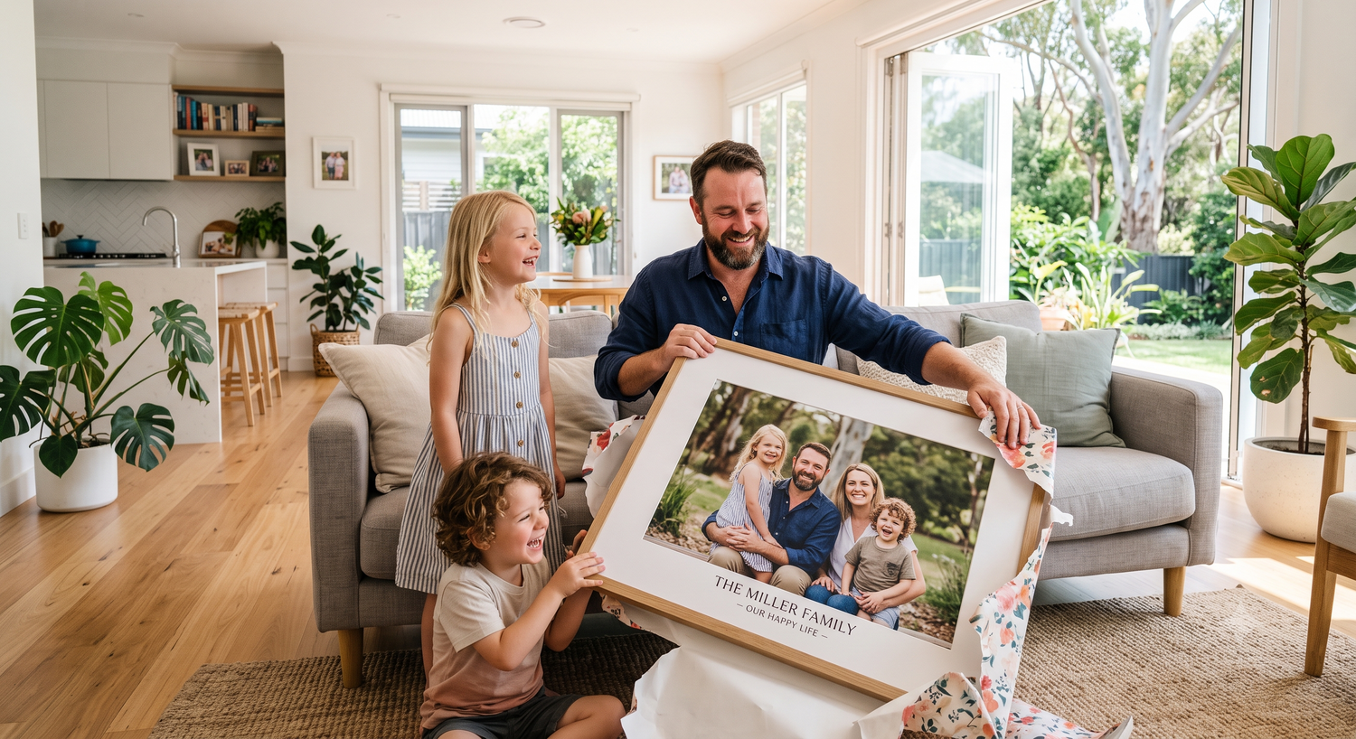 Father opening a framed personalised family portrait from his children on Father's Day
