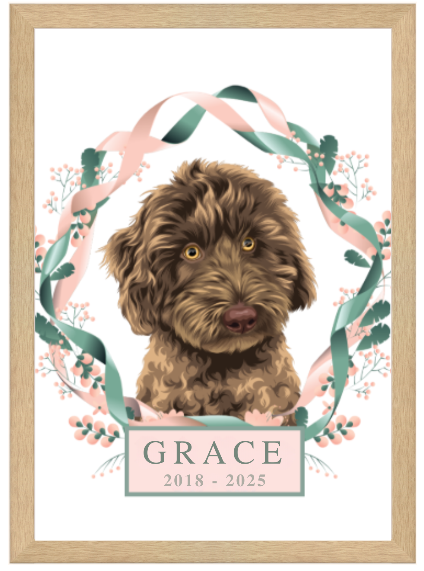 Personalised dog memorial portrait with halo, name and remembrance dates