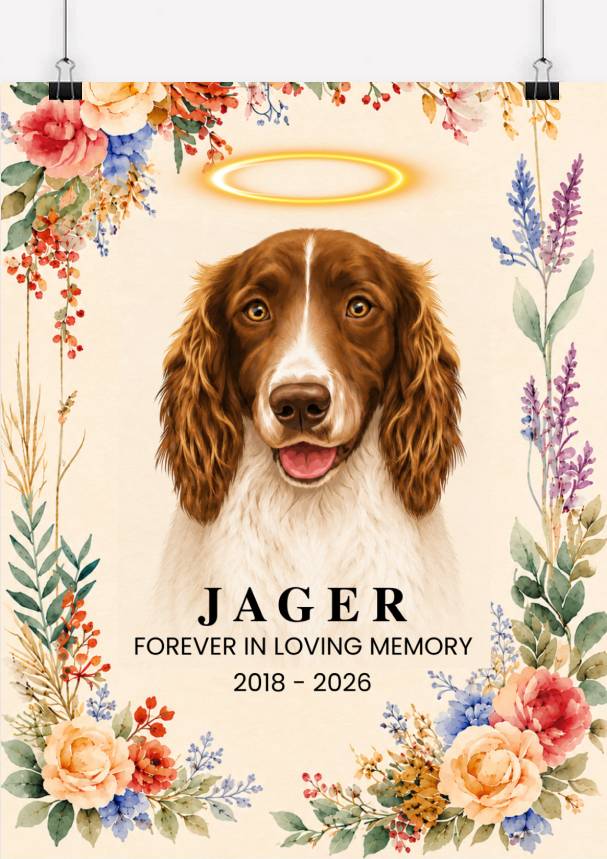 Personalised dog memorial portrait with halo, name and remembrance dates