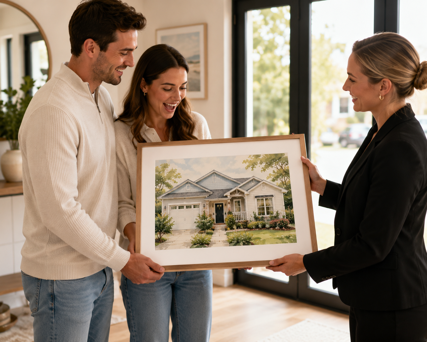 Real estate agent presenting a framed personalised house portrait to new homeowners