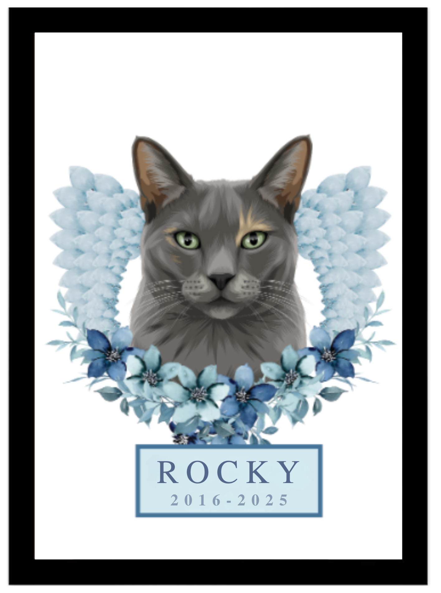 Framed personalised pet remembrance portrait made from a favourite photo