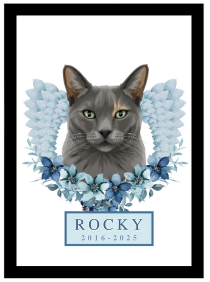 Framed personalised pet remembrance portrait made from a favourite photo